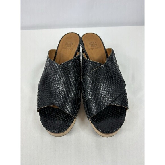 Coclico Richie Platform Sandals Black Snakeskin Snake 8 38.5 Block Heel - Picture 3 of 9